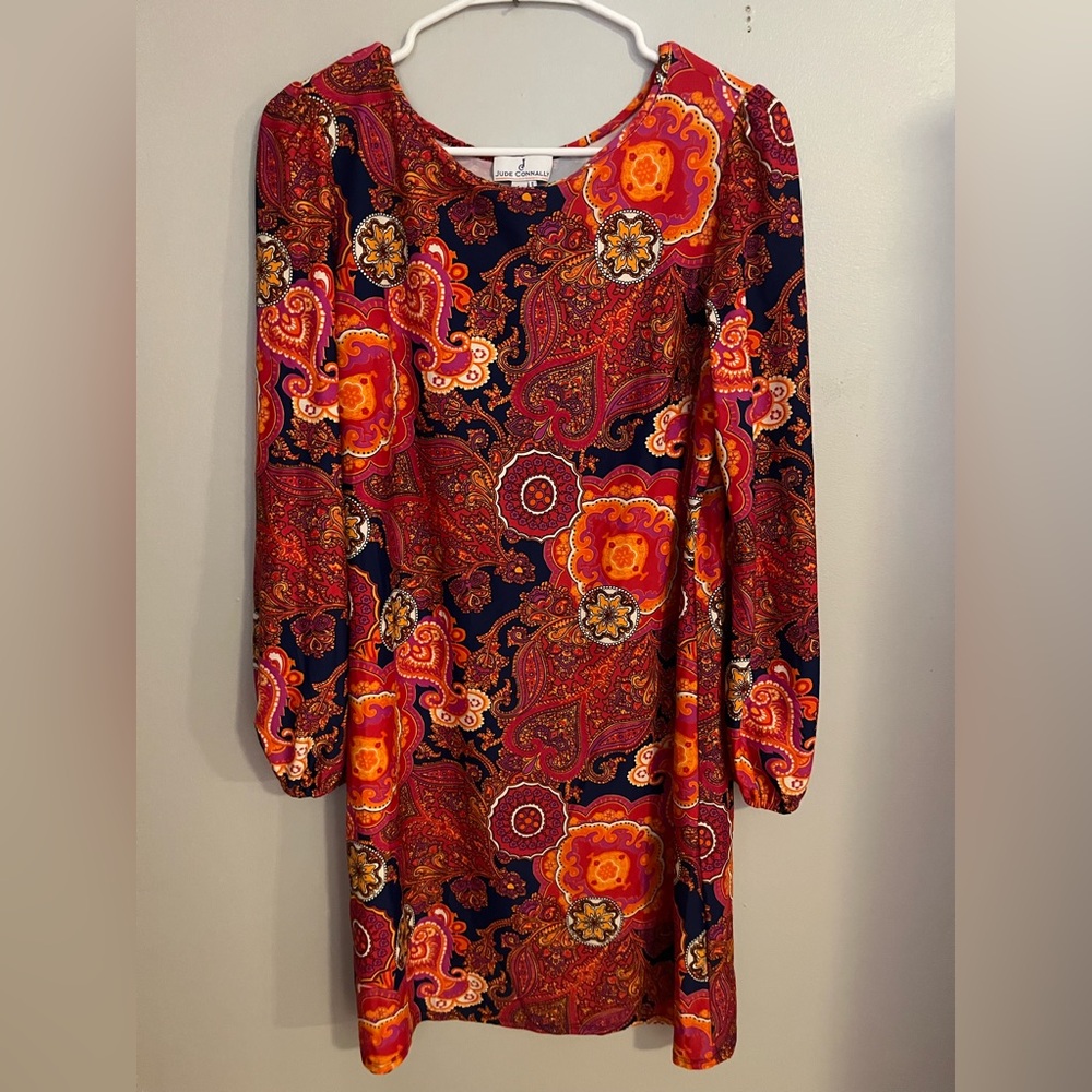Jude Connally Long Sleeve Paisley Dress - Red and Orange